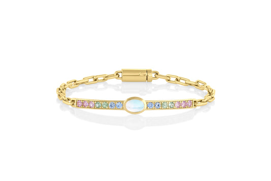 Single Moonstone and Rainbow Sapphire Gem ID Bracelet